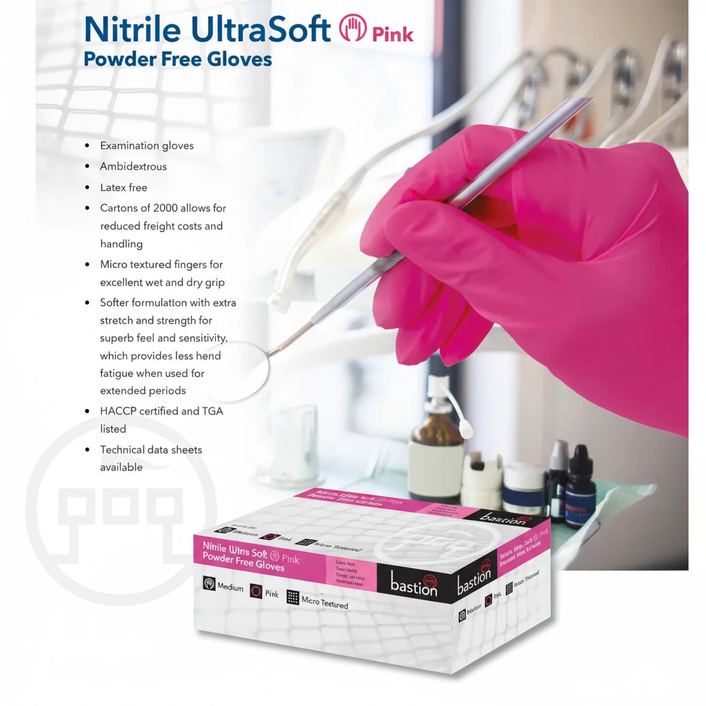 Pink micro-textured nitrile glove fingertips providing excellent wet and dry grip and precision handling