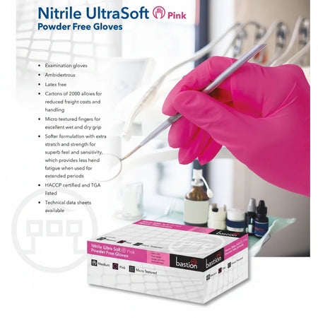 Pink micro-textured nitrile glove fingertips providing excellent wet and dry grip and precision handling