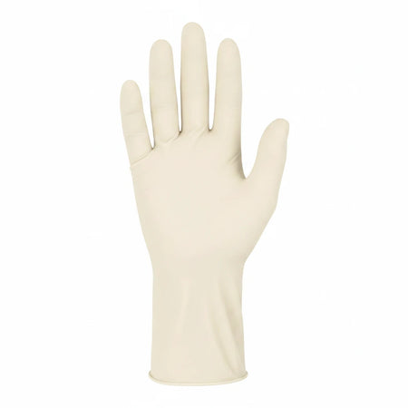 Single Pro-Val Securitex Premium Latex Examination Glove shown flat on a white background, displaying the natural cream colour and disposable glove design.
