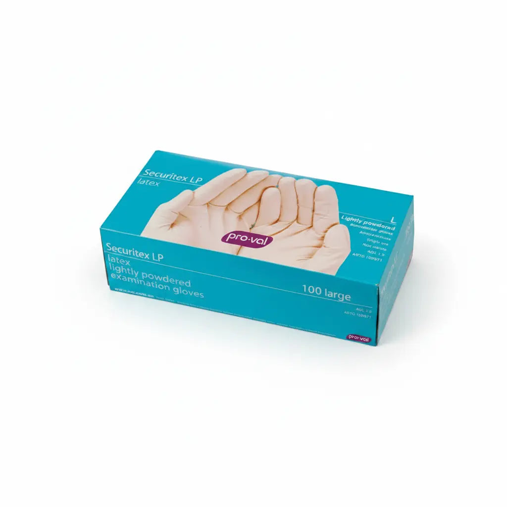 Pro-Vol Securitex LP Latex Examination Gloves box, size Large, 100 disposable lightly powdered natural latex medical examination gloves shown on a white background.