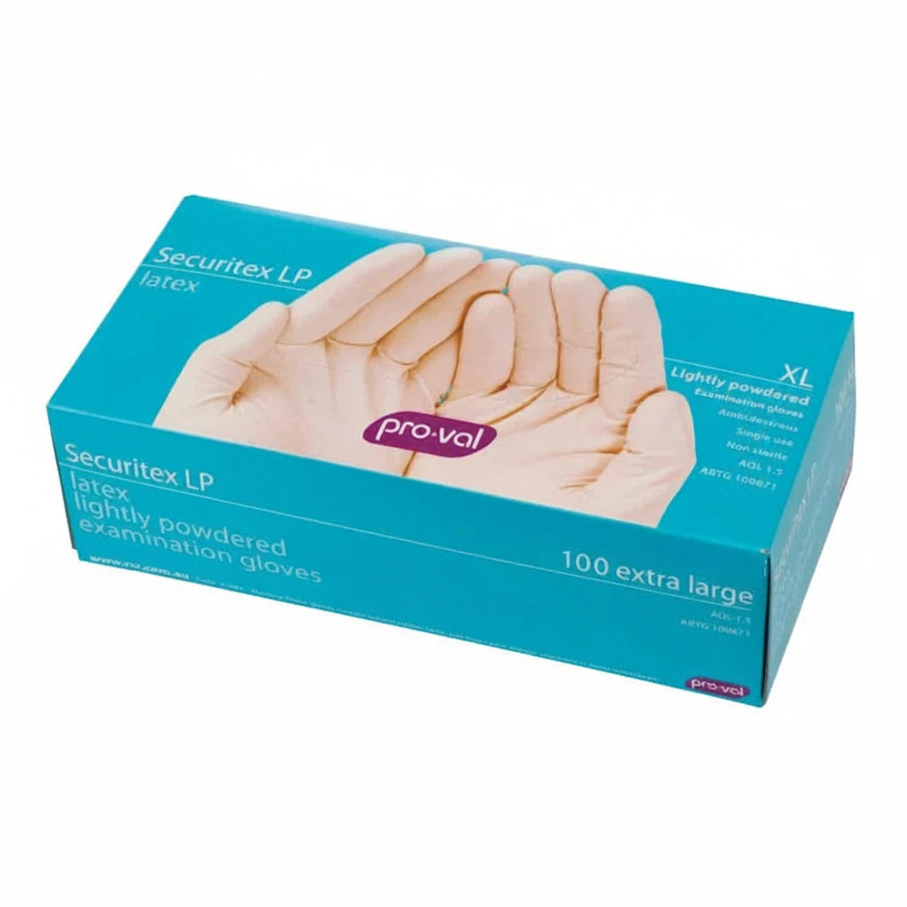 Pro-Val Securitex LP Latex Examination Gloves box, size XL Extra Large, containing 100 lightly powdered natural latex disposable examination gloves with teal packaging shown on a white background.