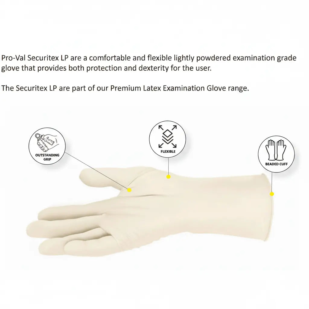 Proval Securitex Premium Latex Examination Glove on a white background highlighting grip, flexibility and sealed beaded cuff features for comfortable medical and professional use.