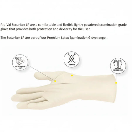 Proval Securitex Premium Latex Examination Glove on a white background highlighting grip, flexibility and sealed beaded cuff features for comfortable medical and professional use.