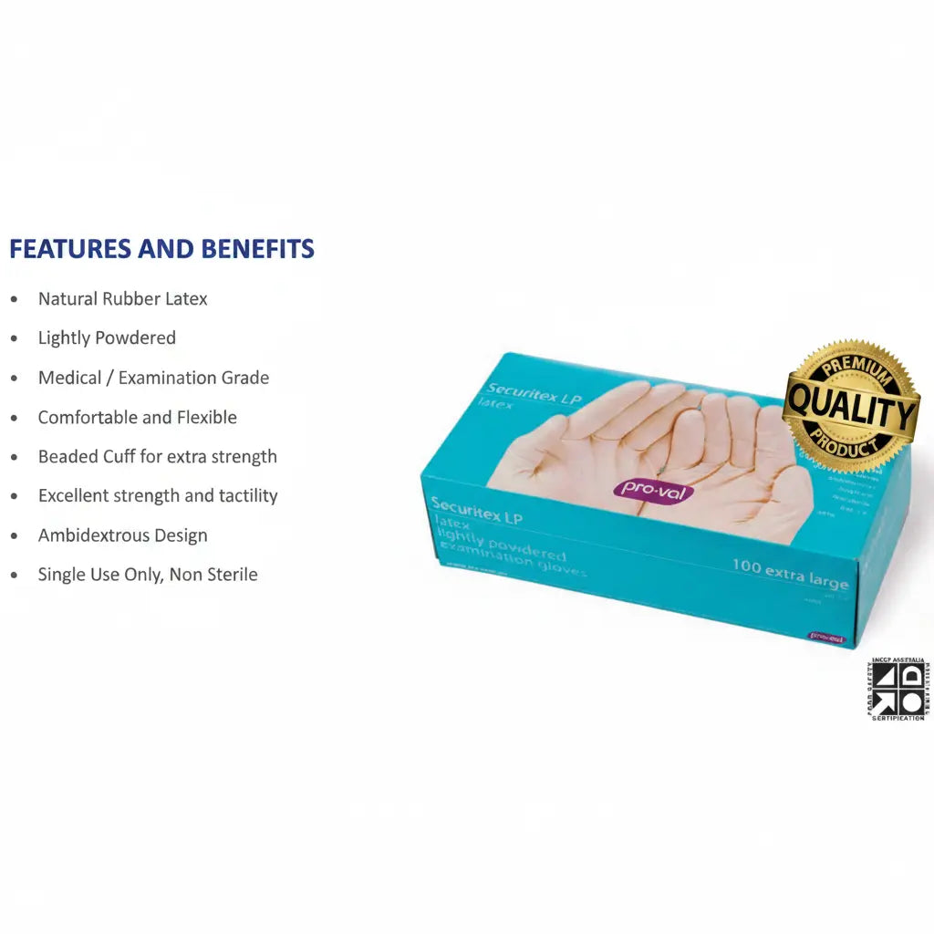 Proval Securitex Premium Latex Examination Gloves box with highlighted features including lightly powdered natural latex, medical examination grade, comfortable fit, excellent tactile sensitivity, puncture resistance and beaded cuff.
