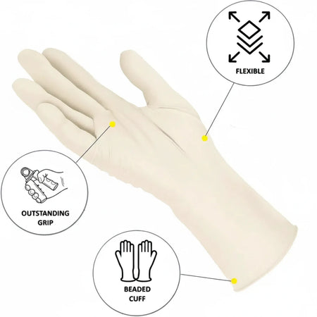 Close-up of Proval Securitex Premium Latex Examination Gloves showing textured fingertips, excellent tactile sensitivity, lightly powdered natural latex material and comfortable fit for precision tasks.