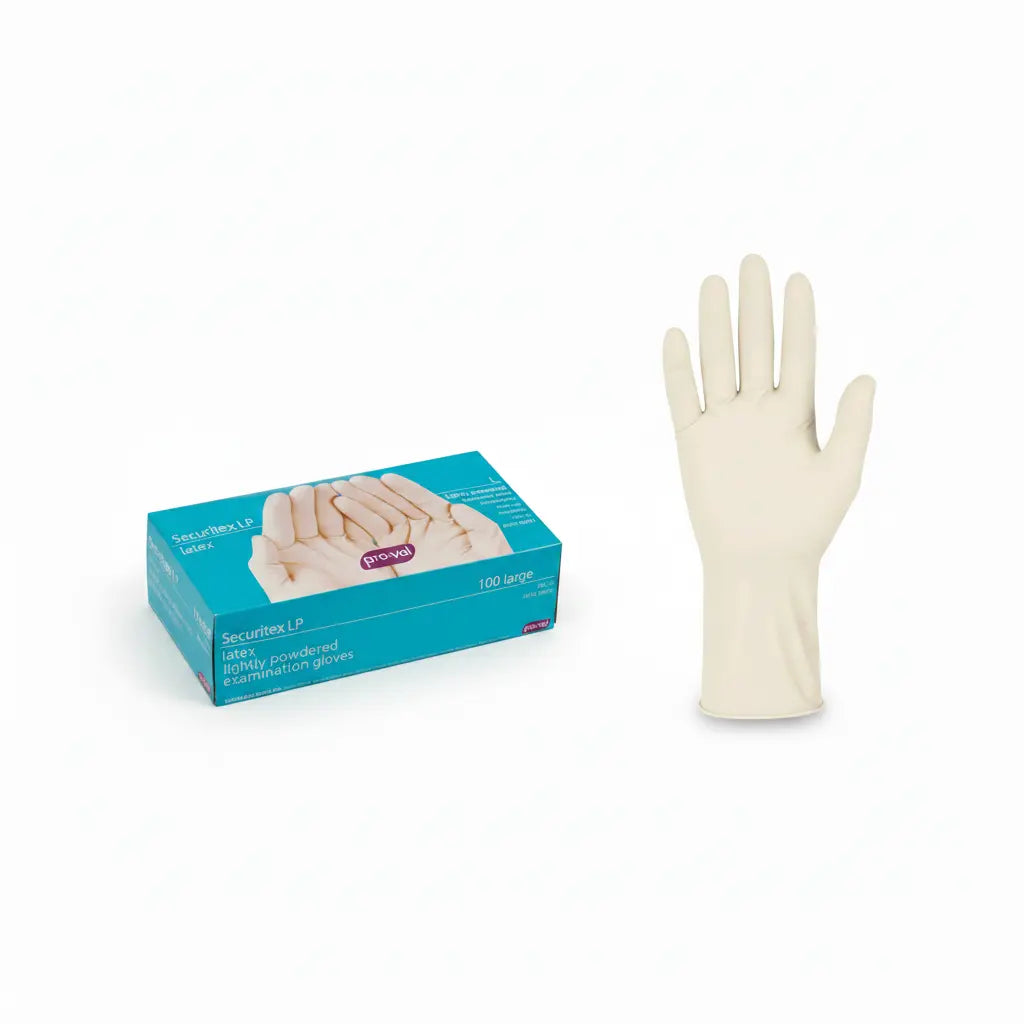 Proval Securitex Premium Latex Examination Gloves, lightly powdered medical grade disposable gloves, 100 gloves per box, natural latex, available in Large and X-Large.