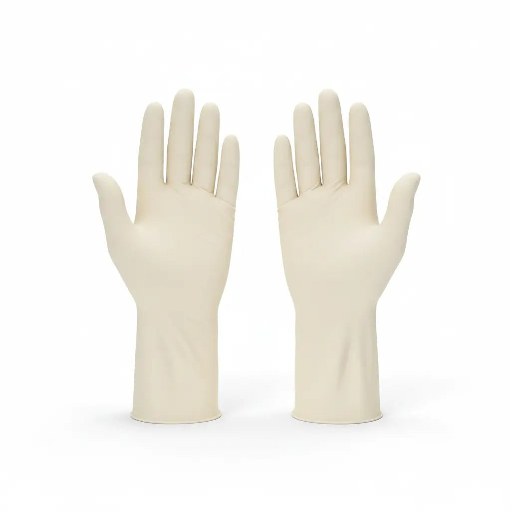 Two hands wearing Proval Securitex Premium Latex Examination Gloves, lightly powdered natural latex disposable medical grade gloves with excellent fit, comfort and tactile sensitivity.