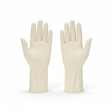 Two hands wearing Proval Securitex Premium Latex Examination Gloves, lightly powdered natural latex disposable medical grade gloves with excellent fit, comfort and tactile sensitivity.