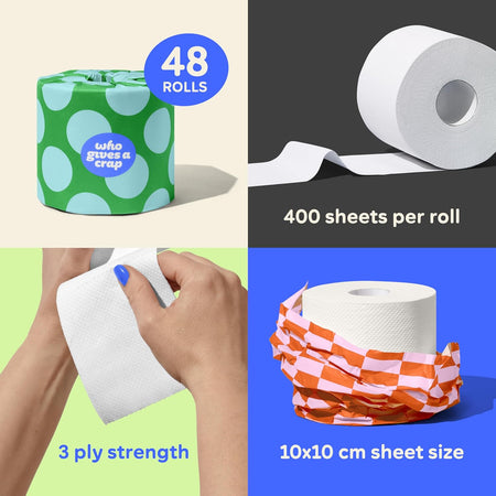 Recycled toilet paper with 400 sheets per roll showing extra long roll value