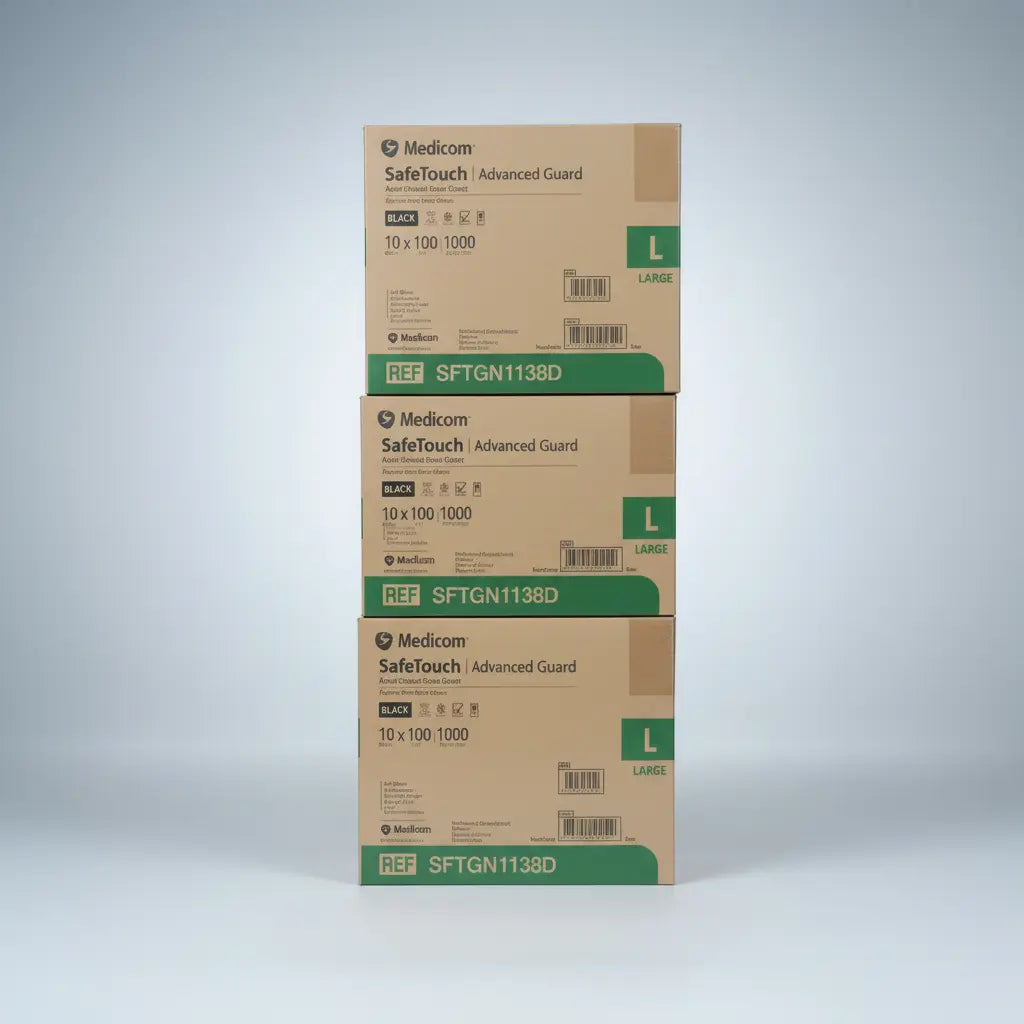 Medicom SafeTouch Black Nitrile Gloves LARGE – 30 Boxes bulk buy (3 Cartons), premium powder-free medical grade nitrile gloves, textured professional black, ASTM D6319 compliant, $6.99 per box with Free AU Shipping (Excl. NT & TAS), DMS Direct Online Only.