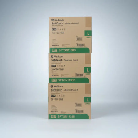 Medicom SafeTouch Black Nitrile Gloves LARGE – 30 Boxes bulk buy (3 Cartons), premium powder-free medical grade nitrile gloves, textured professional black, ASTM D6319 compliant, $6.99 per box with Free AU Shipping (Excl. NT & TAS), DMS Direct Online Only.