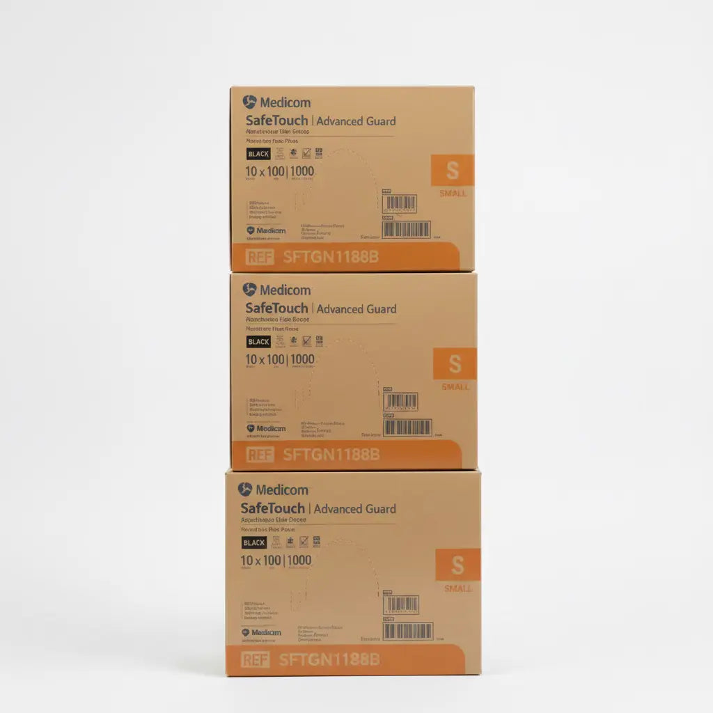 Medicom SafeTouch Black Nitrile Gloves SMALL – 30 Boxes (3 Cartons), powder-free medical grade disposable gloves, fully textured grip, latex-free, ASTM D6319 & HACCP certified, $6.99 per box with Free AU Shipping (Excl. NT & TAS), DMS Direct Online Only.