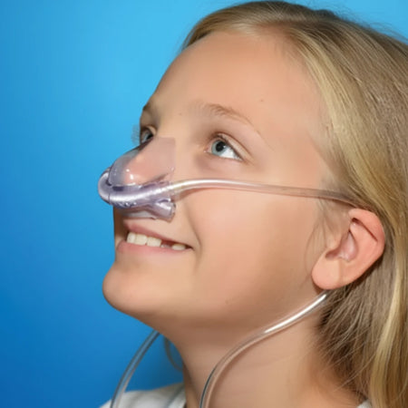 Silhouette 2 nasal hood tubing positioned over ears and under chin allowing full head movement during dental sedation