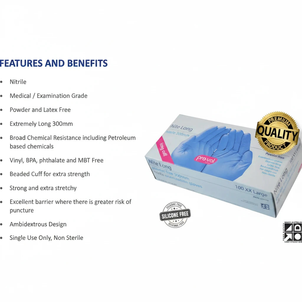 Small nitrile exam gloves 300mm extra long showing features benefits and compliance medical grade powder free latex free disposable gloves