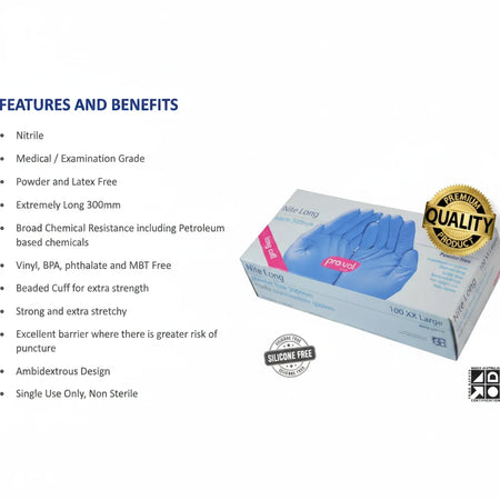 Small nitrile exam gloves 300mm extra long showing features benefits and compliance medical grade powder free latex free disposable gloves