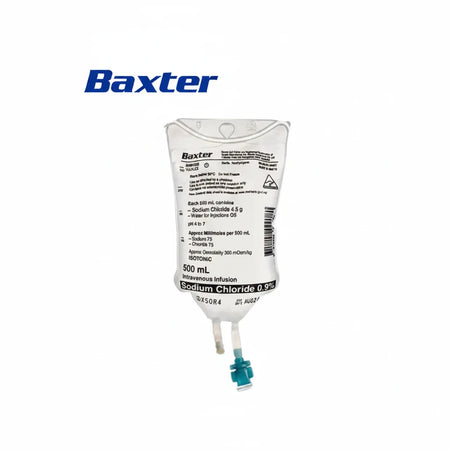 Sterile 0.9% Sodium Chloride IV infusion 500mL Viaflex bag used for hospital, dental surgery, and IV sedation fluid replacement