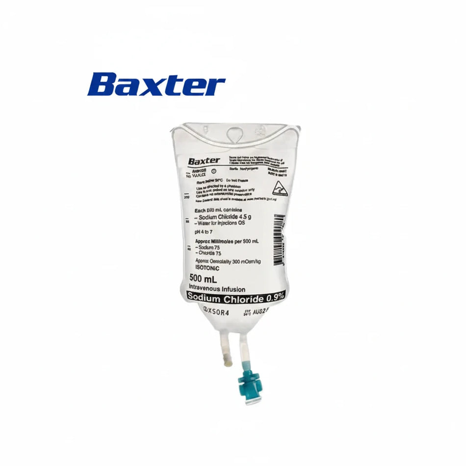 Sterile 0.9% Sodium Chloride IV infusion 500mL Viaflex bag used for hospital, dental surgery, and IV sedation fluid replacement