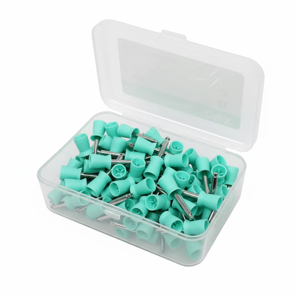 Soft green latch-type prophy cups 100pcs latex-free flexible dental polishing cups designed for stain removal and contour adaptation