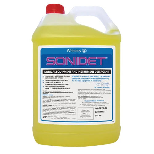 Sonidet 5L detergent bottle used in healthcare environments for ultrasonic cleaning of dental and surgical instruments