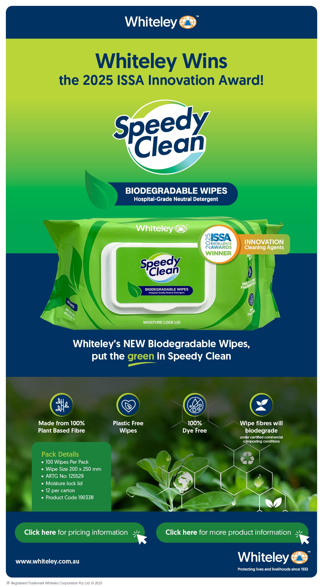 Speedy Clean biodegradable wipes flat pack with moisture lock lid containing 100 wipes