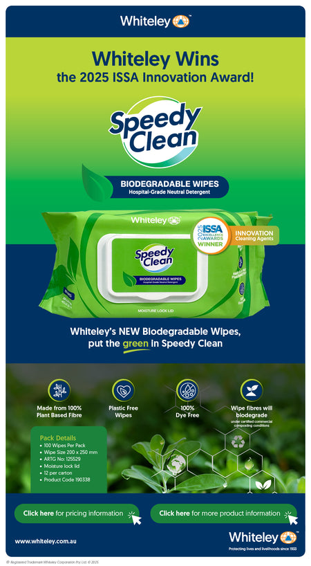 Speedy Clean biodegradable wipes flat pack with moisture lock lid containing 100 wipes