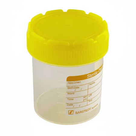 70mL sterile specimen container with yellow screw cap showing graduated markings