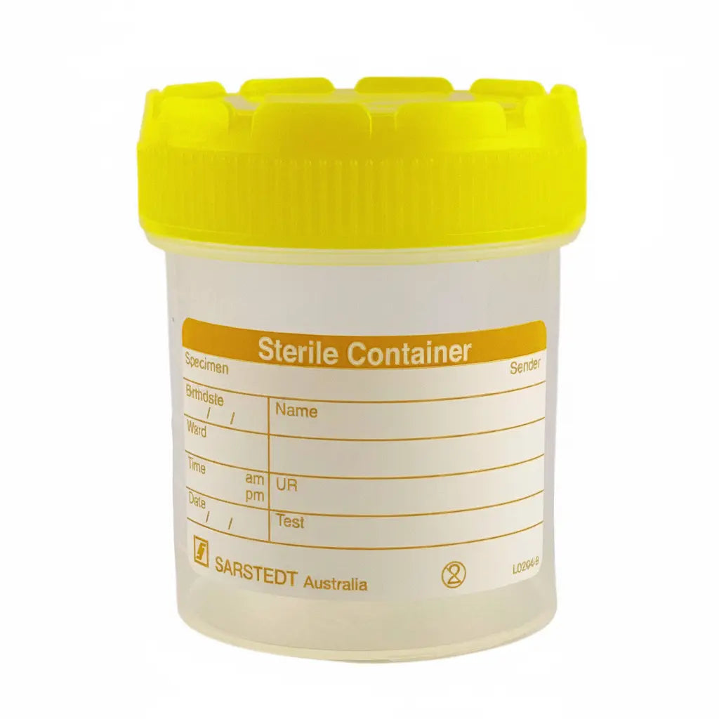 Sterile 70mL specimen container with yellow screw cap