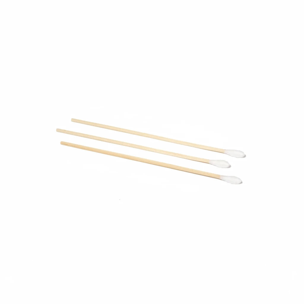 Opened sterile pack showing 3 cotton tip applicators, 15cm wooden shaft, single-ended
