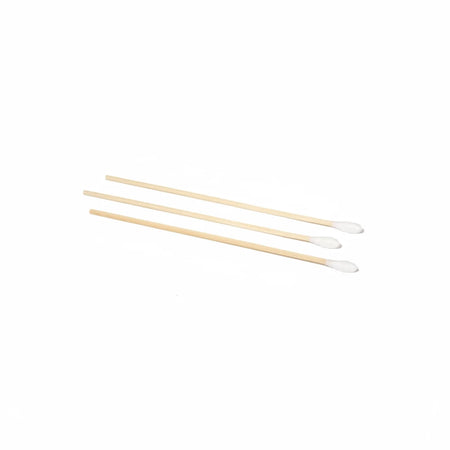 Opened sterile pack showing 3 cotton tip applicators, 15cm wooden shaft, single-ended