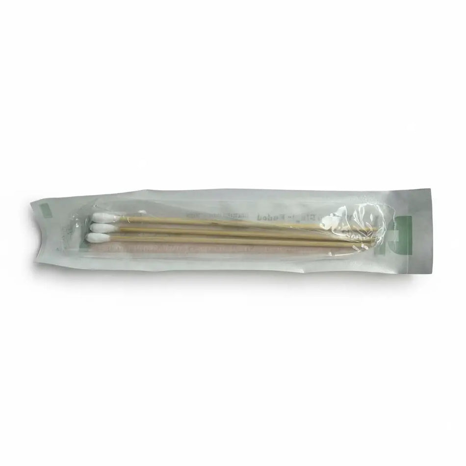 Sterile cotton tip applicators pack, 3 wooden-shaft swab stems, 15cm single-ended, individually wrapped