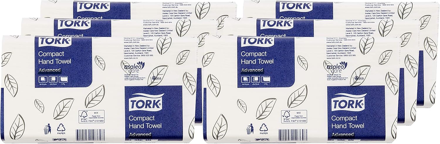 Tork Compact interleaved hand towels showing individual 90-sheet internal packs for commercial washrooms, dental clinics and medical centres