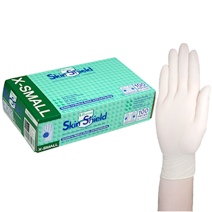 Universal Skin Shield powder-free natural latex examination gloves, 100-pack, textured grip and contoured fit for medical, dental, food handling, and hygiene use