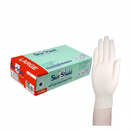 Universal Skin Shield powder-free latex examination gloves, 100 pack, textured grip medical dental food handling gloves