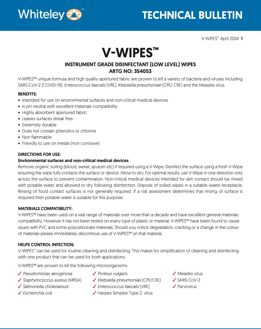 V-Wipes ARTG listed hospital grade disinfectant wipes approved for healthcare use