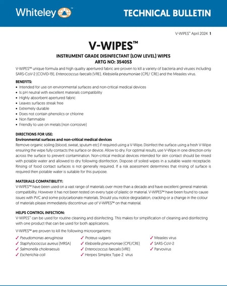 V-Wipes ARTG listed hospital grade disinfectant wipes approved for healthcare use