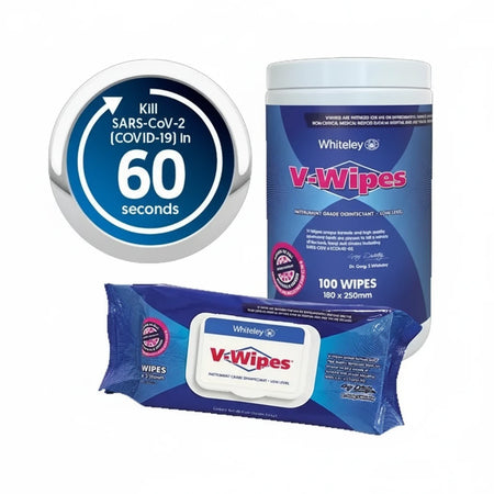 V-Wipes hospital grade disinfectant wipes effective against MRSA VRE CRE E. coli and Salmonella