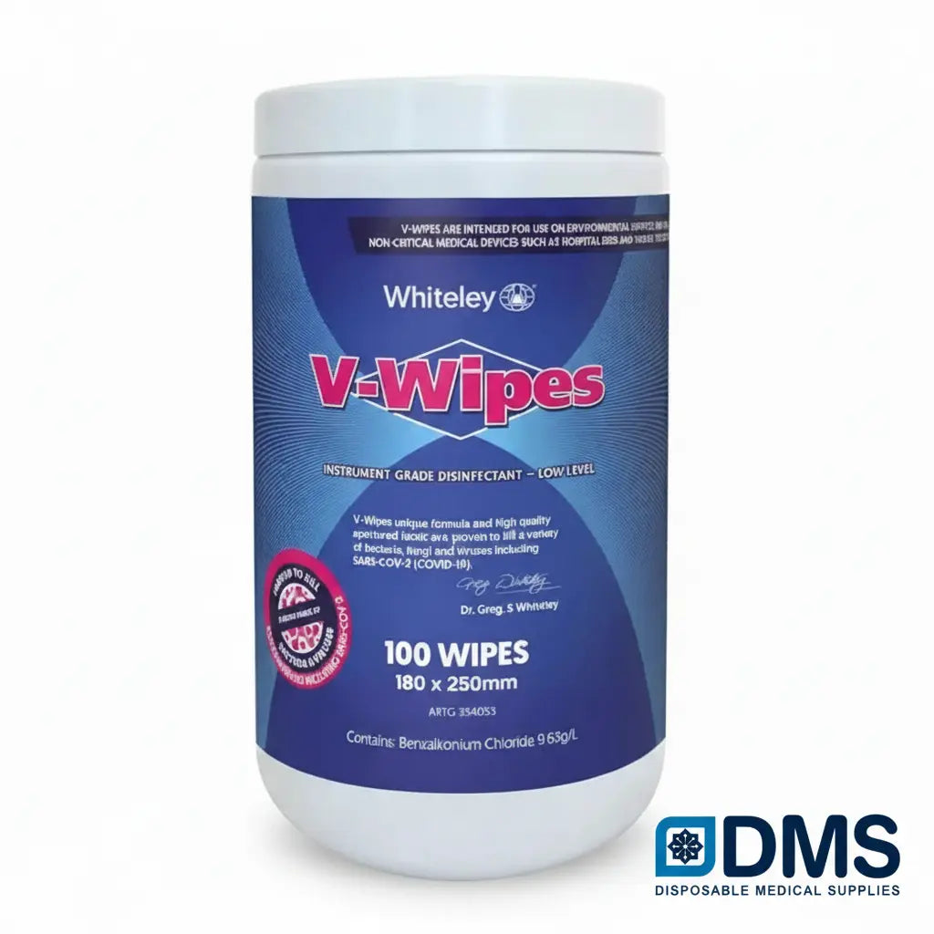 V-Wipes disinfectant wipes canister containing 100 hospital grade wipes