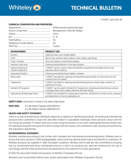 V-Wipes pH neutral non-flammable disinfectant wipes safe for most surfaces