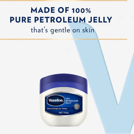 Vaseline Petroleum Jelly 100g product packaging showing original petroleum jelly skin protection formula
