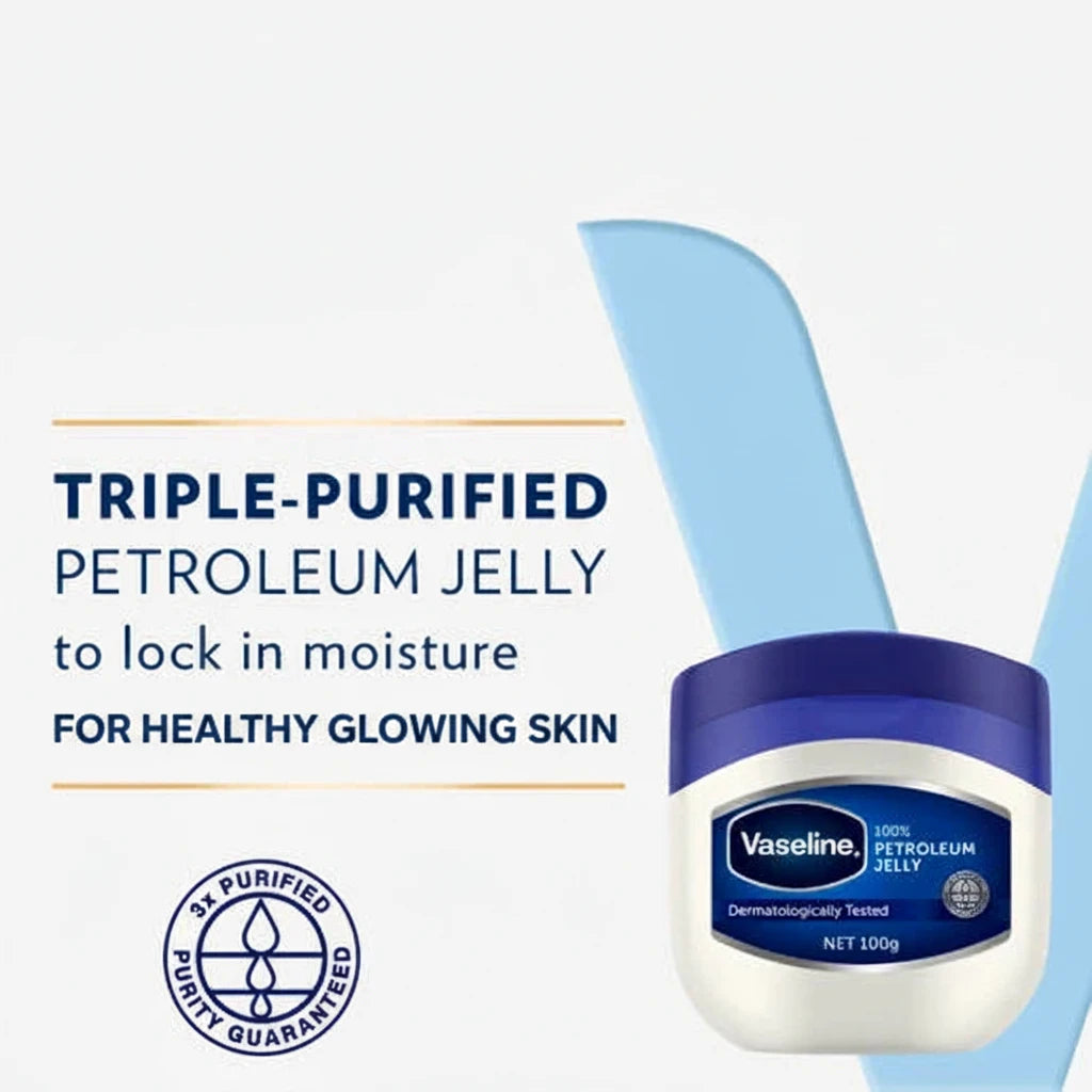 Vaseline Petroleum Jelly 100g made with triple purified petrolatum for dry skin and lip protection
