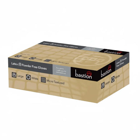 Box of 100 powder-free white latex examination gloves for medical, dental, and laboratory use