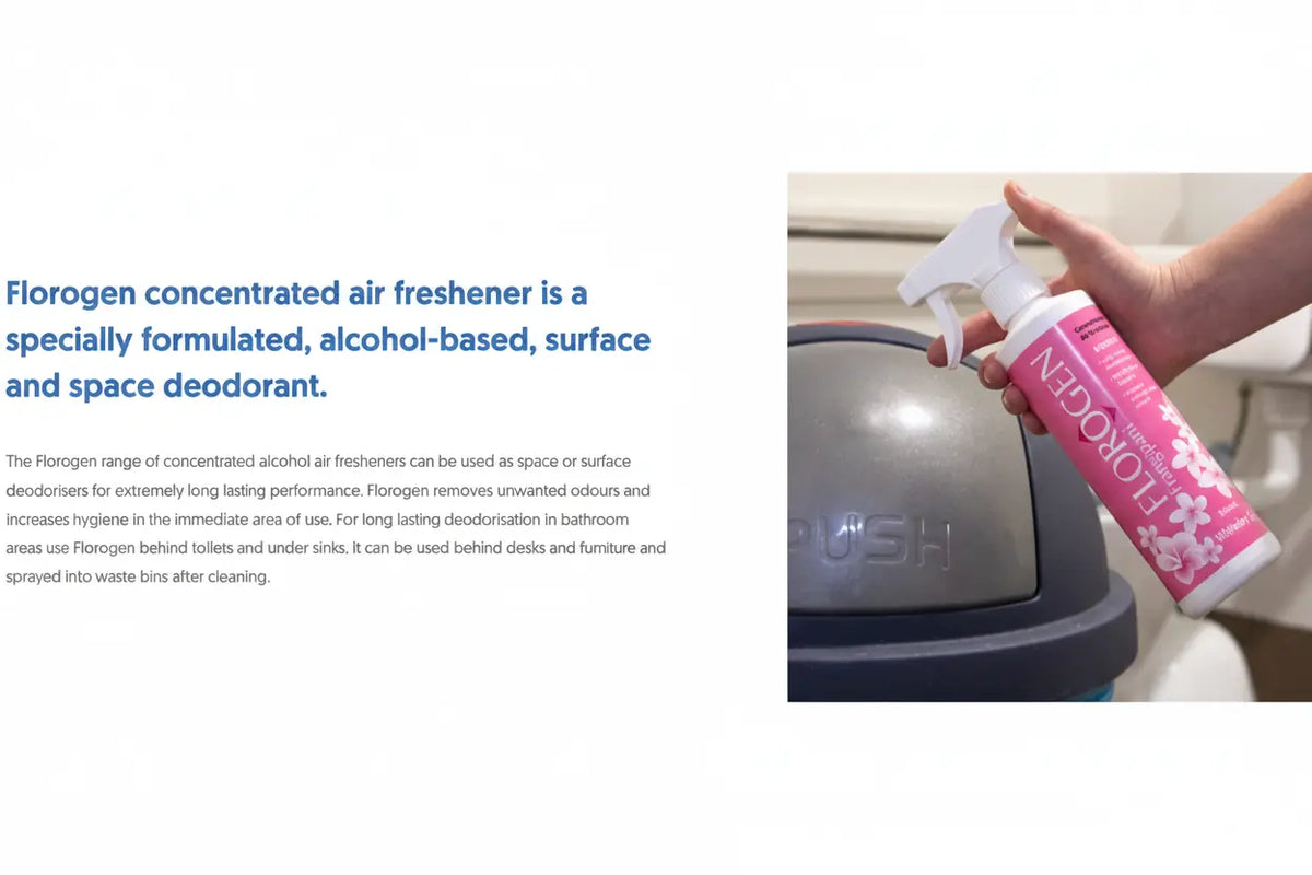 Whiteley Florogen Frangipani 500mL air freshener in use with key features and odour control benefits