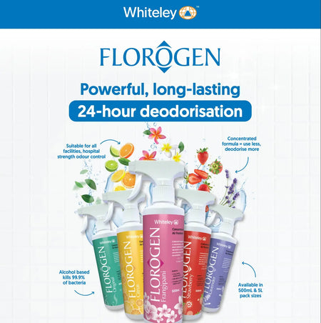 Whiteley Florogen Frangipani 500mL air freshener with long-lasting odour control and 99.9% bacterial kill claim