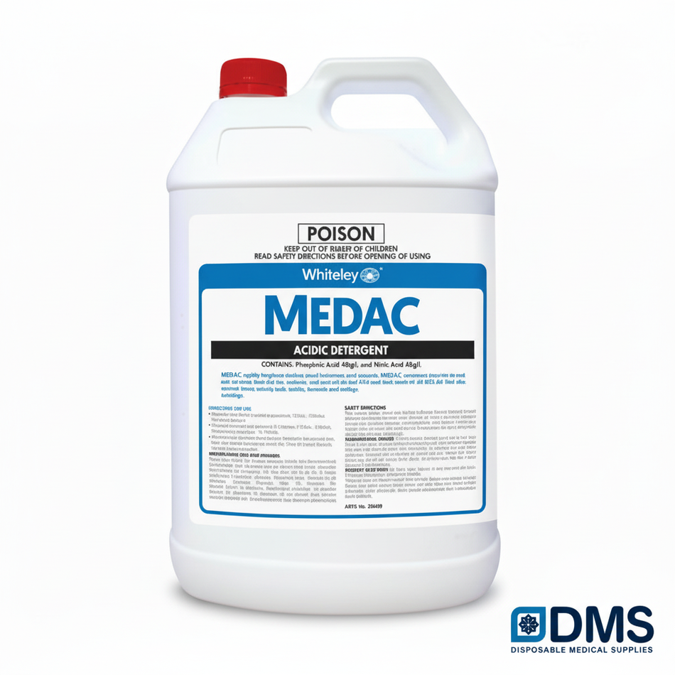 Whiteley Medac 5L acidic detergent for descaling and brightening stainless steel medical instruments, Australian made