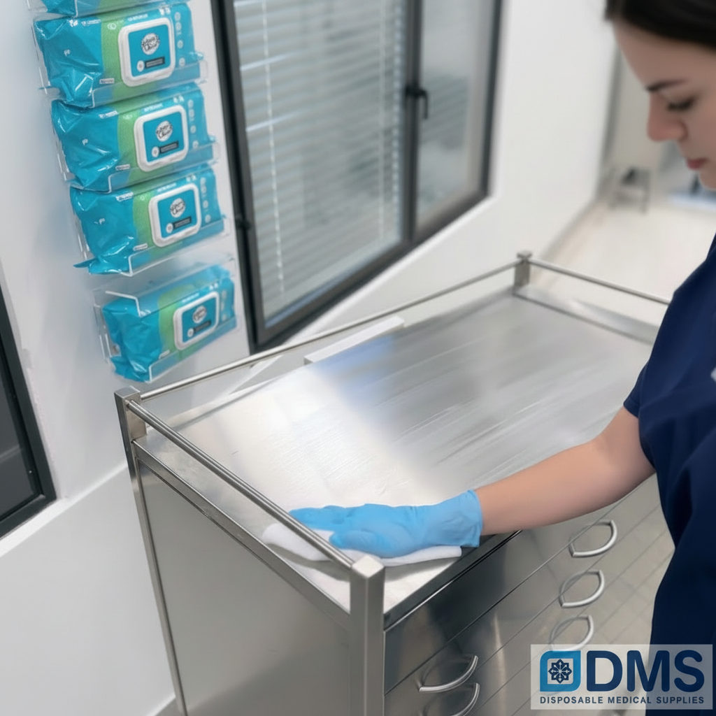 Nurse or dental assistant using Whiteley Speedy Clean hospital grade wipes to clean stainless steel benches and dental equipment in an Australian dental clinic
