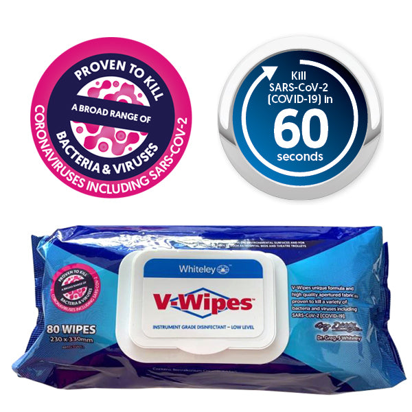 V-Wipes hospital grade disinfectant wipes 80 pack, ARTG listed pH neutral non-corrosive surface disinfectant for dental and medical clinics in Australia