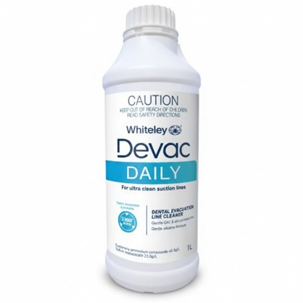 Devac Daily dental evacuation line cleaner 1L non foaming alkaline solution for daily suction system maintenance