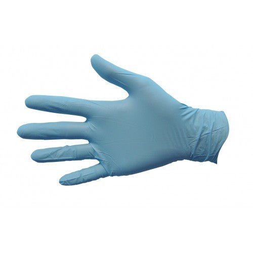 Close up of textured fingertips on blue nitrile gloves providing excellent grip and control during procedures